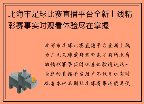 北海市足球比赛直播平台全新上线精彩赛事实时观看体验尽在掌握